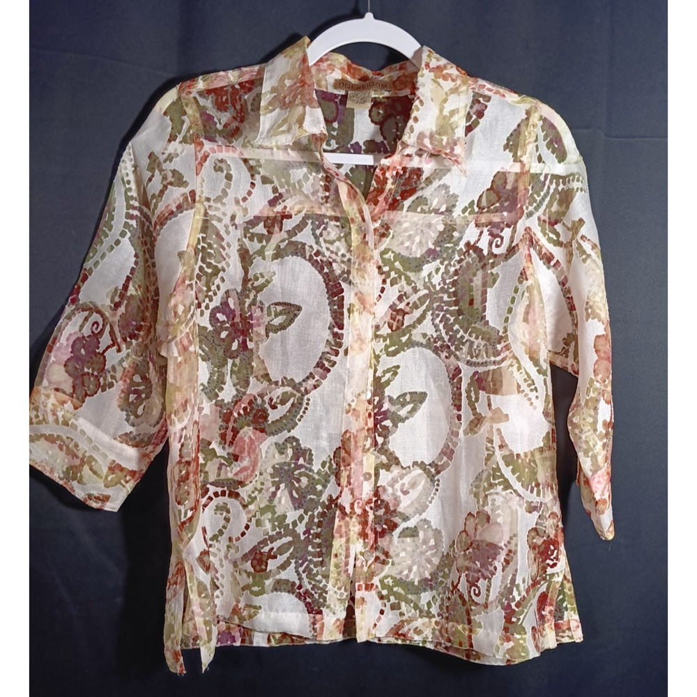 Linen Blend Sheer Burnout Button Up 3/4 Sleeve Floral Vacation Medium Notations